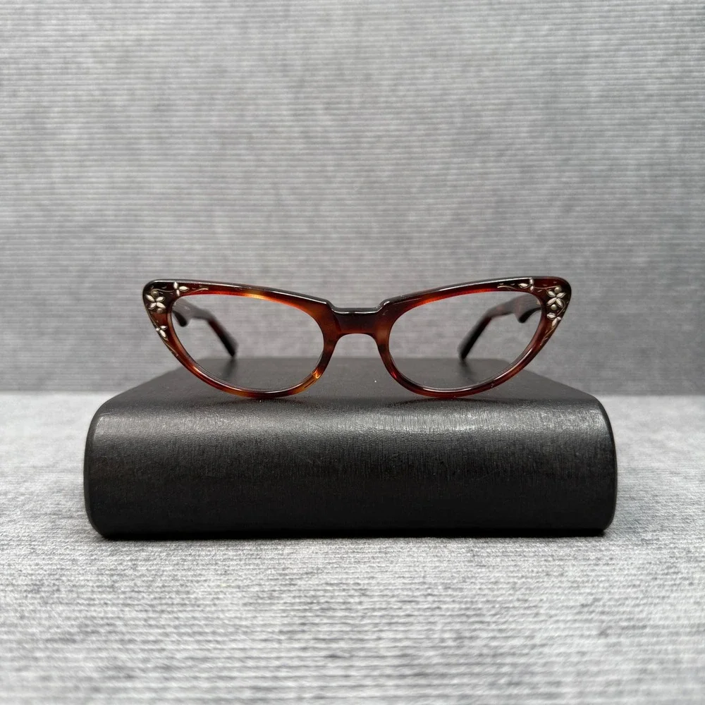 Vintage 60s A Paris Cat Eye Y2k Glasses‎ Tortoise Shell Silver Floral France Vtg